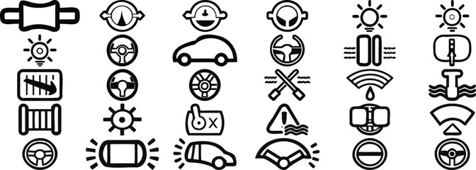 Car Dashboard Warning and Indicator Symbols – Vehicle Alert Icons for Engine, Battery, Oil, Brakes, and Lights