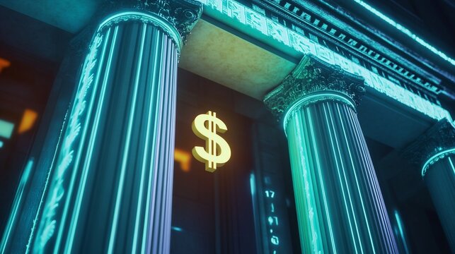 Digital banking network with online transactions financial technology neon light concept