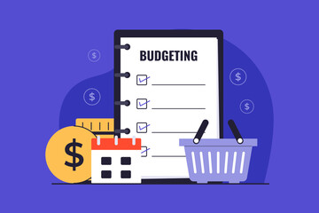 Grocery Budgeting Checklist and Shopping List Illustration. Vector Flat Illustration