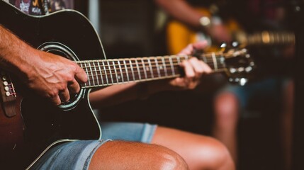 Obraz premium Country musicians perform acoustic music in an intimate setting at a cozy venue during the evening