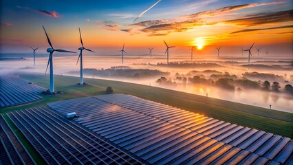 Renewable energy landscape at sunrise with wind turbines and solar panels, showcasing sustainable power generation in a foggy, scenic environment