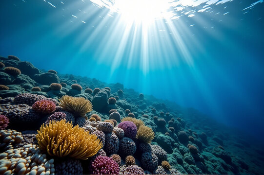 A vivid underwater scene featuring a sunlit coral reef.