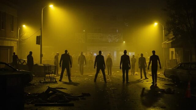 Dystopian Figures Linger in a Foggy Urban Scene, Highlighting Themes of Desolation and Uncertainty Amidst an Eerie Nighttime Atmosphere