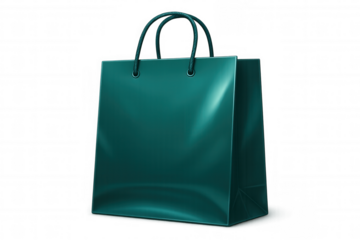 Luxurious teal shopping bag standing upright, gleaming with sleek rope handles on pristine transparent surface