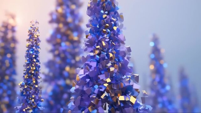 Abstract, stylized trees of multifaceted, vibrant purple and gold shapes, with soft focus background