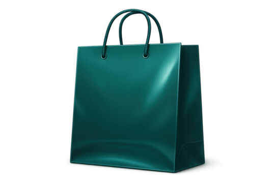 Luxurious teal shopping bag standing upright, gleaming with sleek rope handles on pristine transparent surface