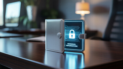 Digital Wallet Security: A futuristic digital wallet, glowing with a secure padlock symbol, rests on a modern desk, symbolizing the protection of sensitive information in the digital age.