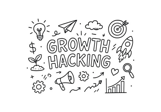 Cute doodle style illustration with large central word GROWTH HACKING