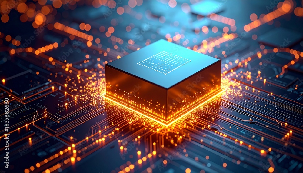 Poster glowing microprocessor on circuit board image dark background, generated with ai.