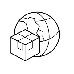 global package icon, outline vector of parcel with globe symbol for international shipping, worldwide logistics, and global e-commerce platforms
