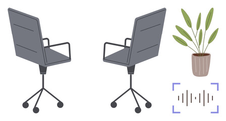 Two modern office chairs on wheels next to a potted plant and a sound wave icon. Ideal for workplace, collaboration, meetings, productivity, comfort, design, technology. Simple flat metaphor