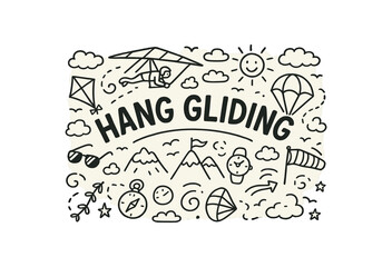 Cute doodle style illustration with large central word HANG GLIDING