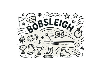 Obraz premium Cute doodle style illustration with large central word BOBSLEIGH