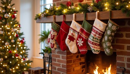 Cozy fireplace with Christmas stockings and decorated tree  