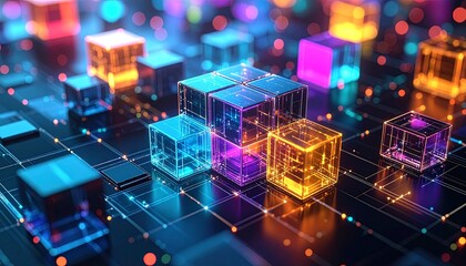 Connected digital cubes, intricate network, futuristic technology concept, Generated with AI.Doctor Holding Holographic Lungs in Clinic Setting