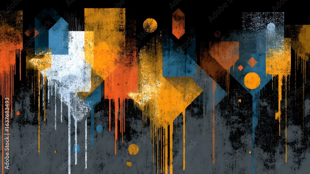 Poster striking abstract composition featuring a dynamic blend of geometric shapes fluid lines and vibrant 