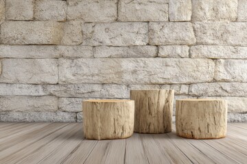 Wooden stumps floor with stone wall