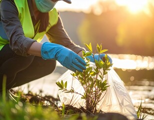 Adult woman in safety vest and gloves cleaning plastic trash and planting by river at sunset