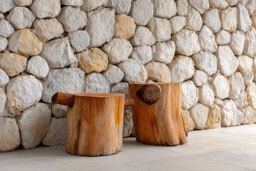 Wooden stumps floor with stone wall