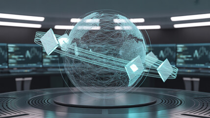 Digital Globe with Futuristic Interconnections: A captivating digital representation of the globe takes center stage within a futuristic setting. Sparkling geometric shapes orbit the planet.