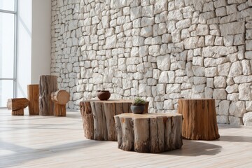 Wooden stumps floor with stone wall