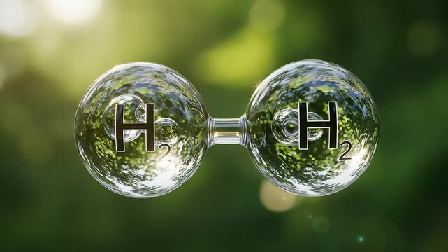 Transparent Hydrogen Molecule Depicted Against Green Foliage Background with Lens Flare