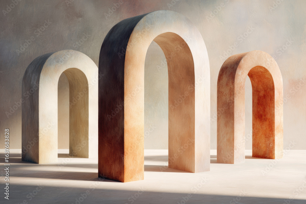 Poster three large clay arches stand in minimalist conceptual layout, forming geometric frame with soft nat