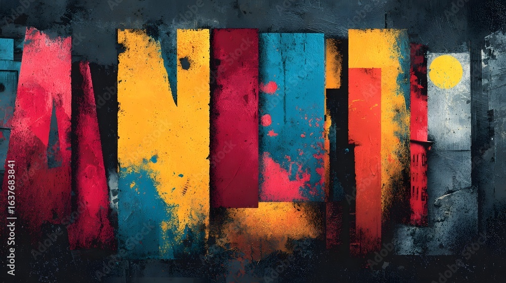 Poster striking abstract composition with layers of bold vibrant colors reminiscent of graffiti art creatin