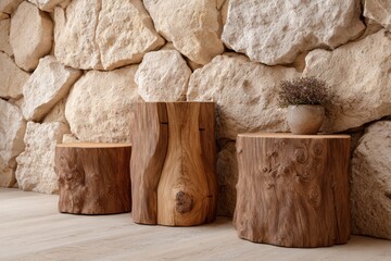 Wooden stumps floor with stone wall