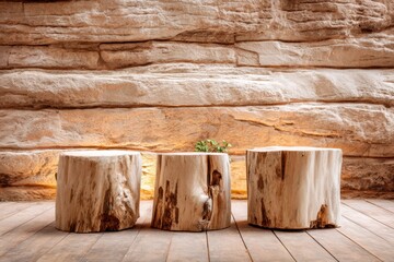 Wooden stumps floor with stone wall