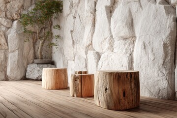 Wooden stumps floor with stone wall