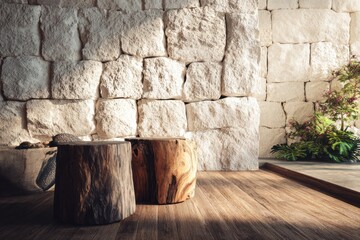 Wooden stumps floor with stone wall