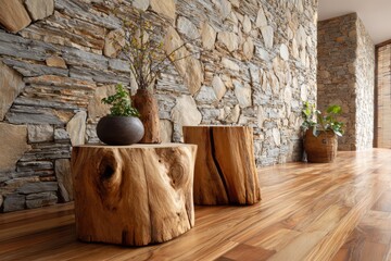 Wooden stumps floor with stone wall