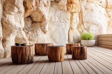 Wooden stumps floor with stone wall