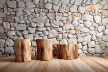 Wooden stumps floor with stone wall