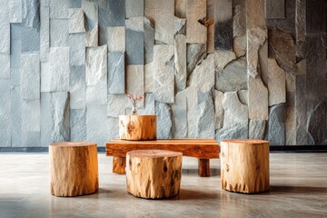 Wooden stumps floor with stone wall