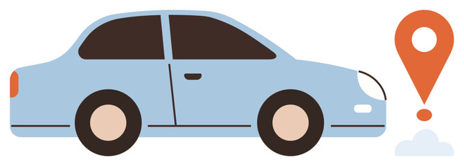 Blue car parked beside an orange location pin, representing navigation, tourism, logistics, and transport. Ideal for travel, mapping, ridesharing, delivery urban mobility simple flat metaphor