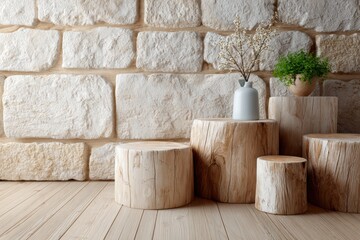 Wooden stumps floor with stone wall