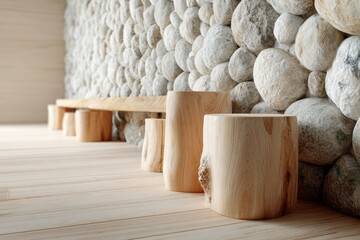 Wooden stumps floor with stone wall