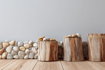 Wooden stumps floor with stone wall