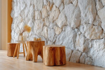 Wooden stumps floor with stone wall