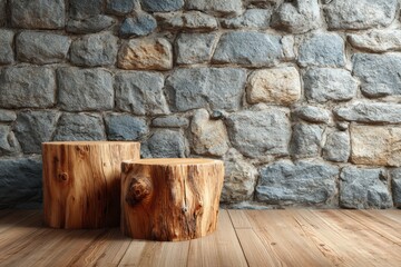 Wooden stumps floor with stone wall