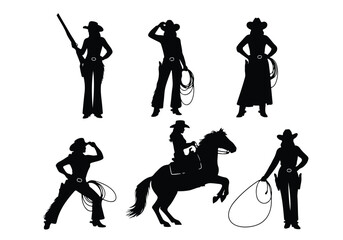 Obraz premium Cowboy and cowgirl silhouettes collection of cowgirl silhouettes isolated on white background, showcasing various western activities and poses with horses and lassos