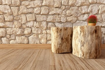 Wooden stumps floor with stone wall