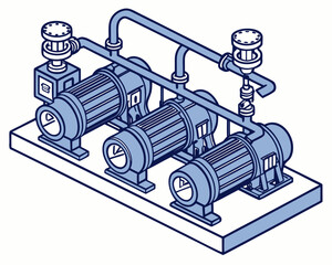 Isometric isolated cartoon vector of industrial water pump room featuring high-pressure electric blue pumps and maintenance service technician at work.
