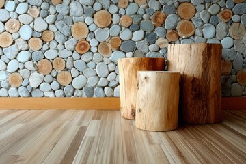 Wooden stumps floor with stone wall