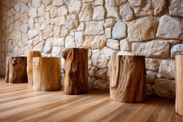 Wooden stumps floor with stone wall