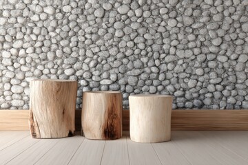 Wooden stumps floor with stone wall