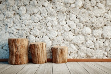 Wooden stumps floor with stone wall