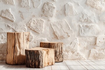 Wooden stumps floor with stone wall